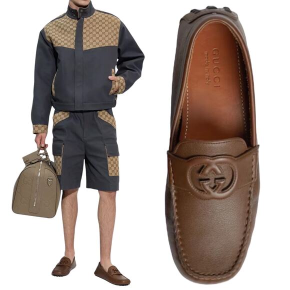 Gucci Interlocking GG Calf Leather Moccasin Driver Loafer Brown Size 13/13.5 - Picture 1 of 16